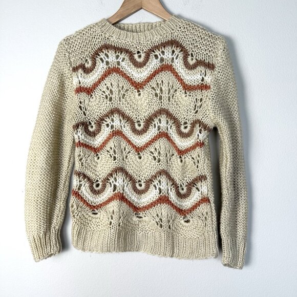 Vintage 80s Knit Sweater Womens Small Classic Fisherman Fall Winter Rustic Boho - Picture 1 of 6